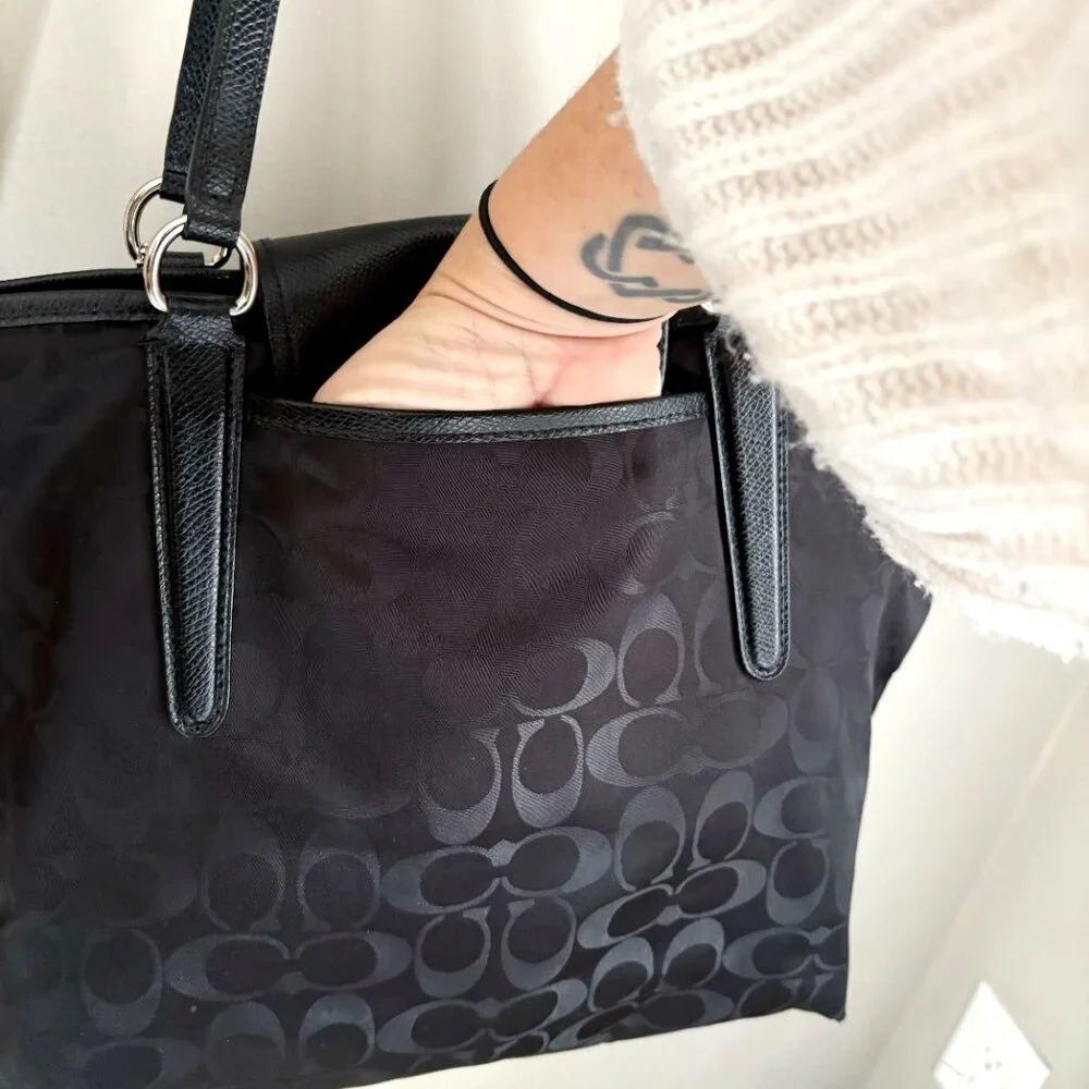 Coach Ward Tote in Signature Black Nylon w/ Leather Details